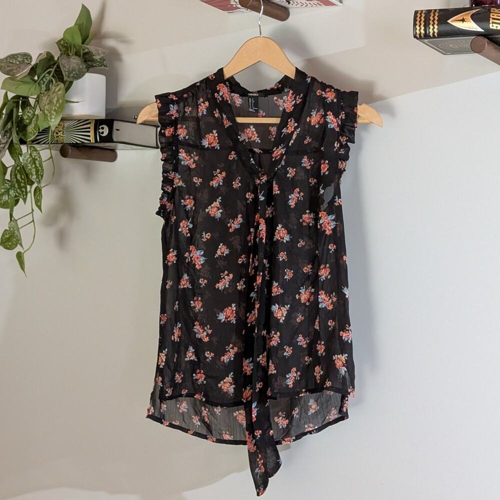 Y2K Sheer Black Red Floral Ruffle Tie Neck Tank | Women's Size S